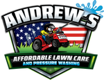Andrew's Affordable Lawn Care logo with a cartoon character on a red lawnmower spraying water. Green text and grass surround the image.