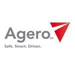 Agero logo. Gray text with red triangle icon. 