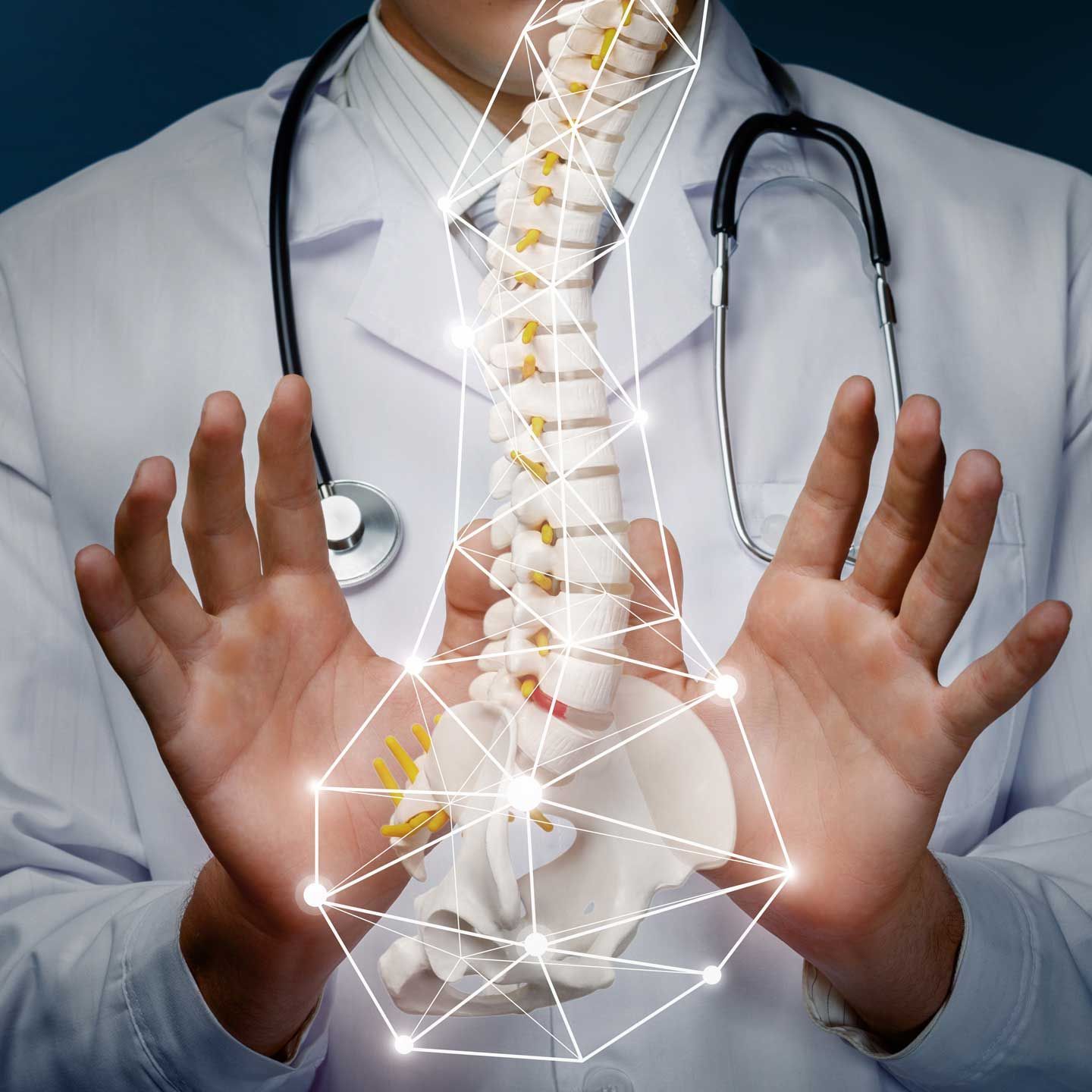 Doctor holding spine model, with connected glowing nodes, wearing a stethoscope.