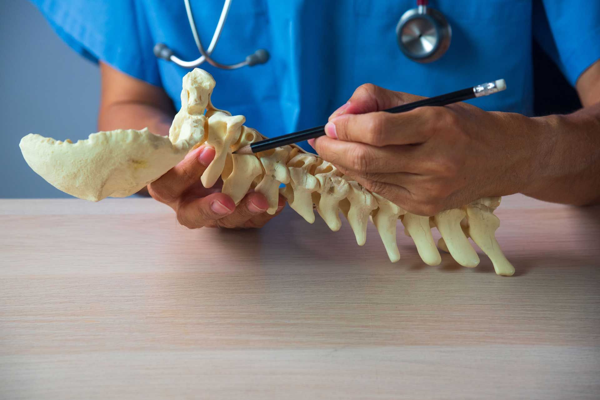 Doctor pointing to a model of a spine, wearing scrubs and stethoscope, on a table.
