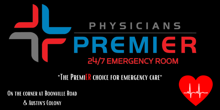 Logo for Physicians Premier 24/7 Emergency Room, with a cross symbol, heart icon, and address.