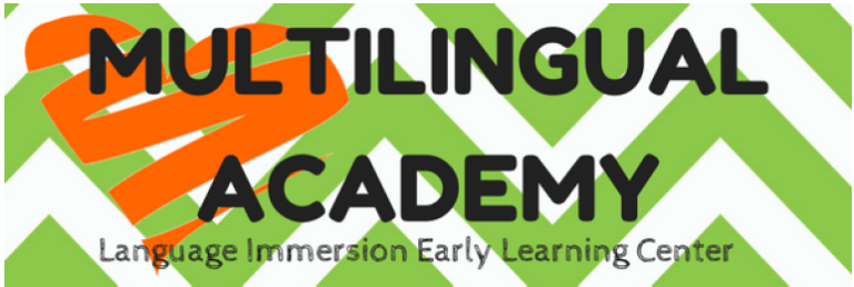 Logo for Multilingual Academy, language immersion early learning center. Black text on green chevron pattern with orange accent.