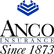 Logo for ANCO Insurance, featuring a tiered blue shape above the company name and 