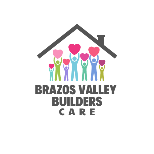 Logo for Brazos Valley Builders Care. People holding hearts under a house outline.