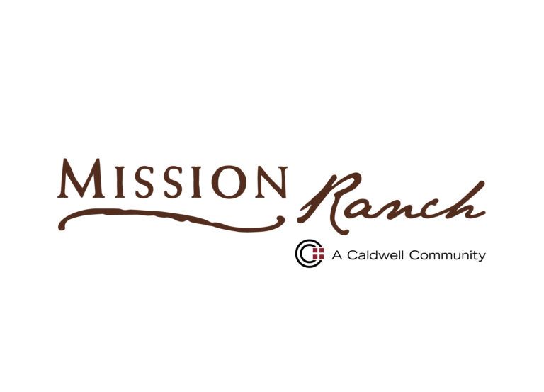 Mission Ranch logo in brown script font, with Caldwell Community credit.