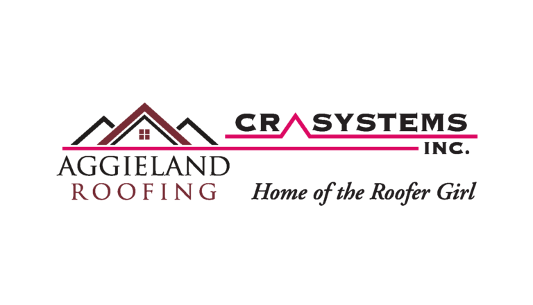 Logo for Aggieland Roofing, featuring a house silhouette and pink text 