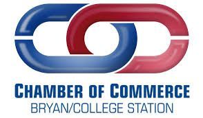 Logo for Bryan/College Station Chamber of Commerce: interlinked blue and red chain links with text below.