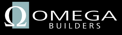 Logo for Omega Builders, featuring a white Omega symbol on a light blue rectangle, beside the name 