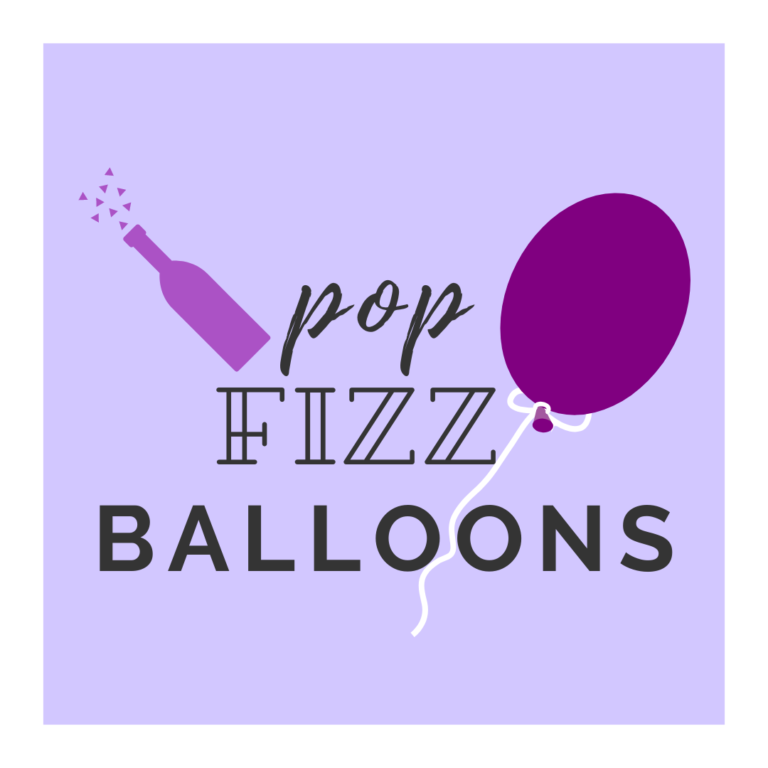 Purple logo: champagne bottle spraying confetti, balloon, and text 