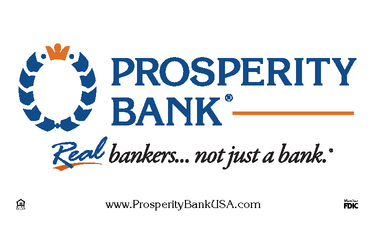 Prosperity Bank logo: blue and orange with a crown, tagline 