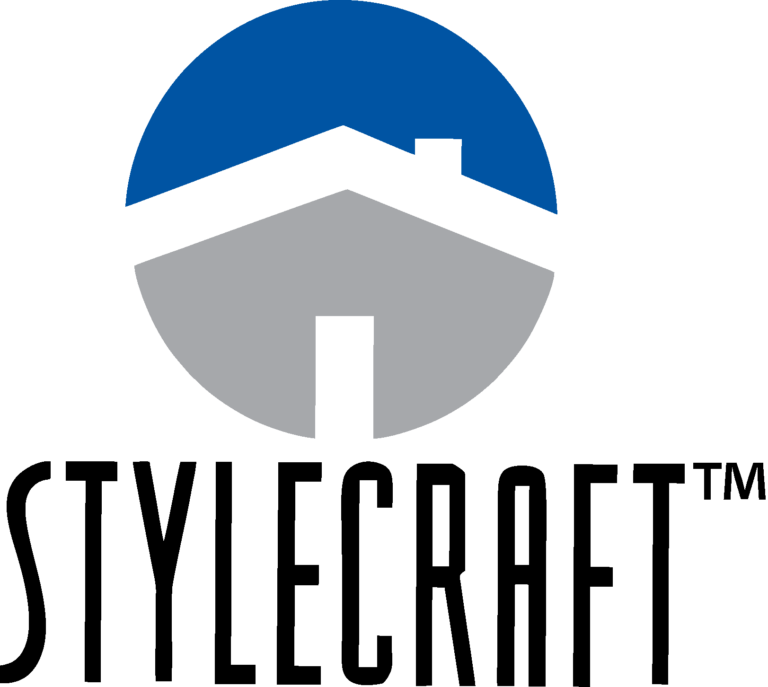 Logo of Stylecraft: a house outline in a grey and blue circle, with the word 