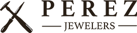 Logo for Perez Jewelers: Crossed hammer and file above 