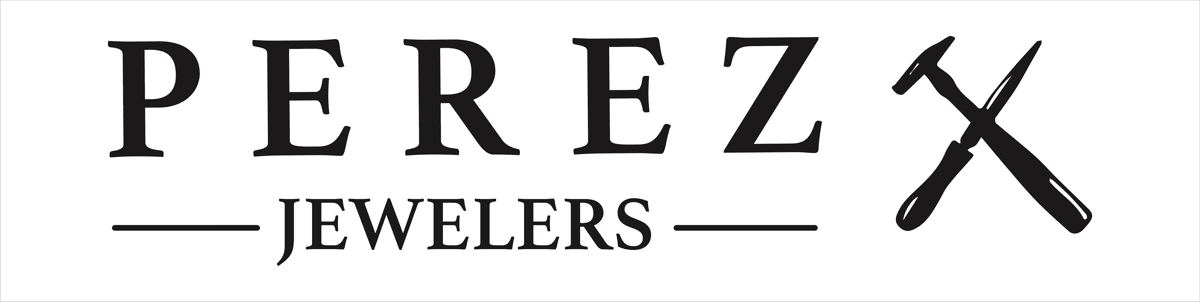 Logo for Perez Jewelers: Crossed hammer and file above 