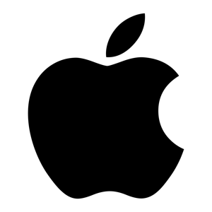 Black Apple logo with a bite and leaf on a white background