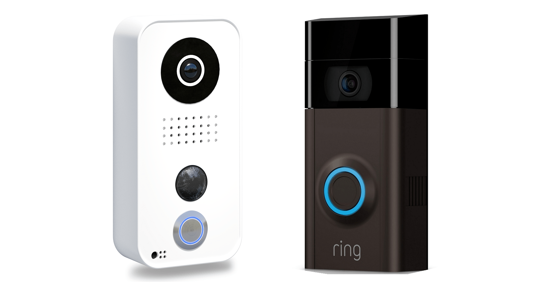 Two Ring video doorbells side by side: white and black models with cameras and circular buttons.