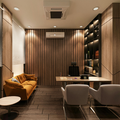 Modern lounge with tan sofa, dining table, chairs, warm wood walls, and recessed lighting