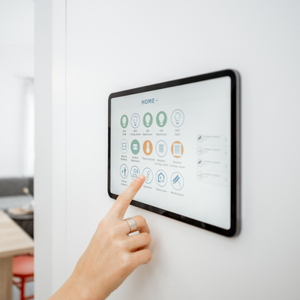 Hand touching a wall-mounted smart home control screen with colorful icons