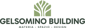 Gelsomino Building logo with green tree icon and &ldquo;MATERIA - SPAZIO - DESIGN&rdquo; tagline