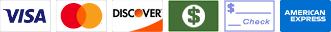 Payment options including Visa, Mastercard, Discover, cash, check, and American Express logos.