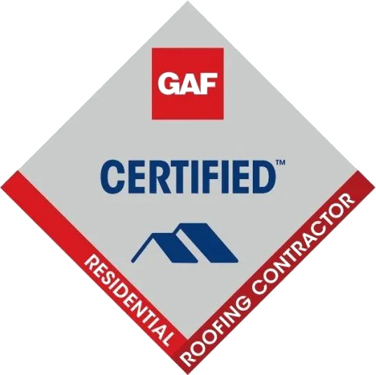 A diamond-shaped logo for a GAF Certified Residential Roofing Contractor, featuring the GAF logo and a blue roof icon.