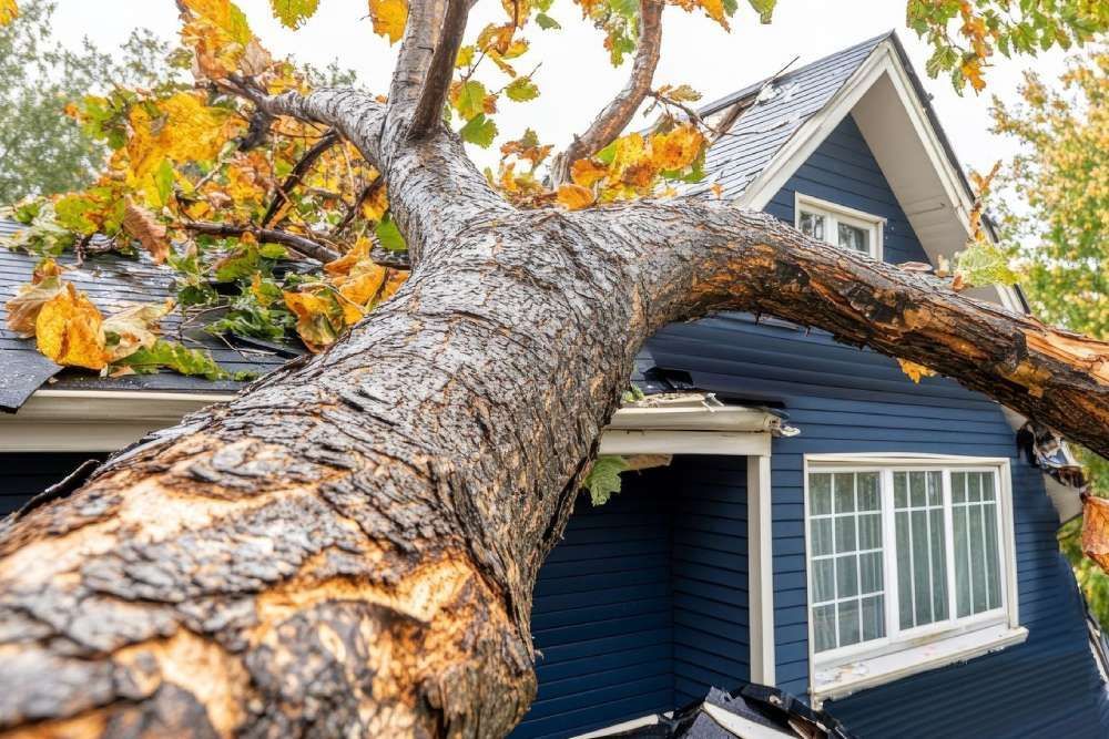 A large tree branch has fallen onto the roof and side of a dark blue, two-story residential house.