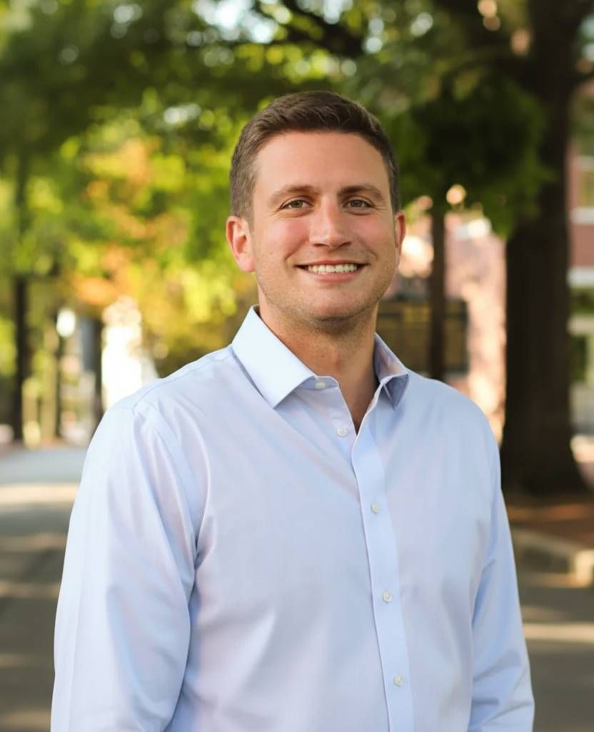 A person wearing a light blue collared shirt smiling outdoors with a blurred background of trees and buildings.