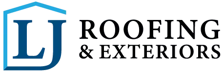 Logo for LJ Roofing & Exteriors featuring a blue stylized house outline around the letters L and J in navy blue.