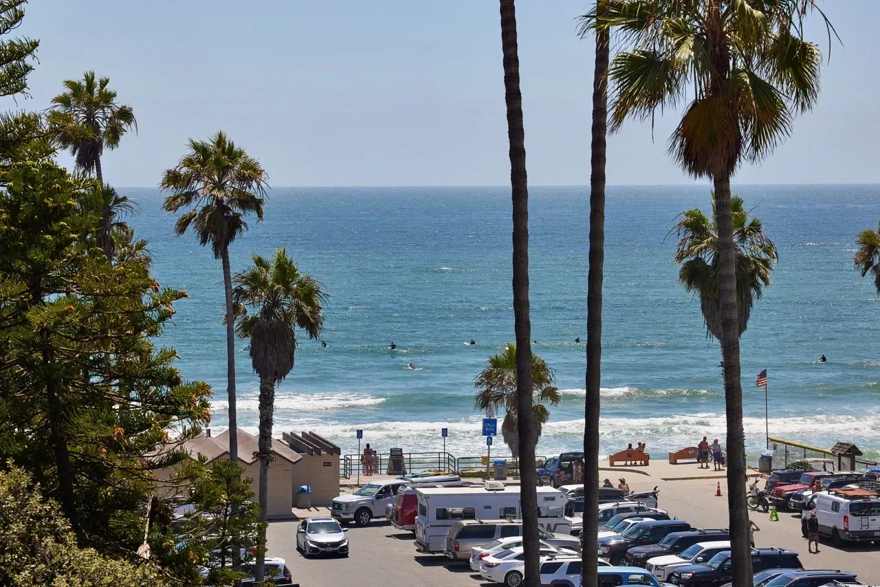 Ocean view with palm trees, beach, parking lot, and surfers.