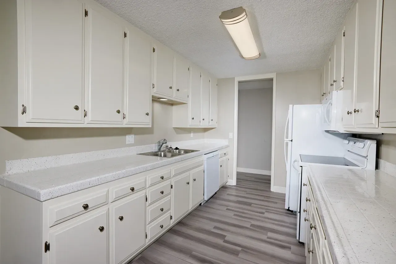 Kitchen with white cabinets, speckled countertops, and stainless steel sink.