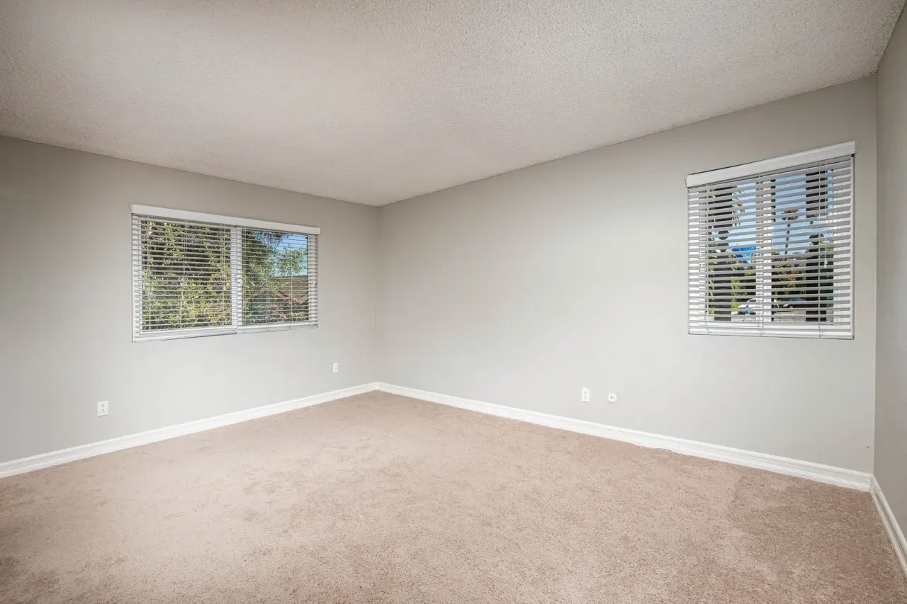 Empty bedroom with neutral carpet and grey walls, two windows with blinds.