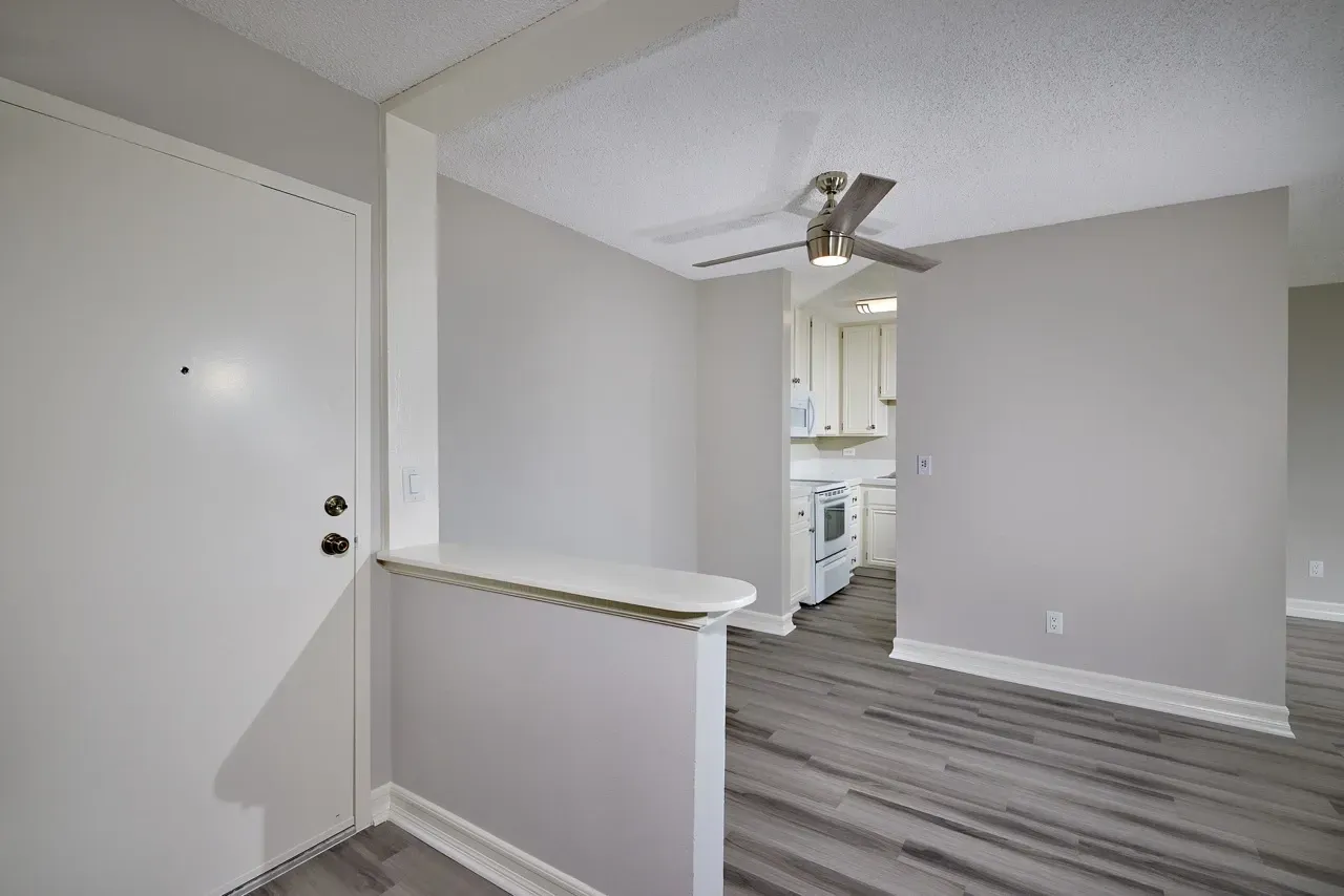 Interior view of an apartment entryway with a white door and a glimpse of the kitchen.