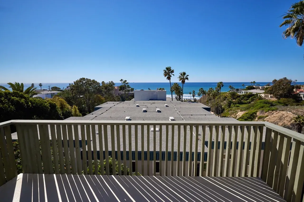 View from balcony overlooking the ocean and palm trees.