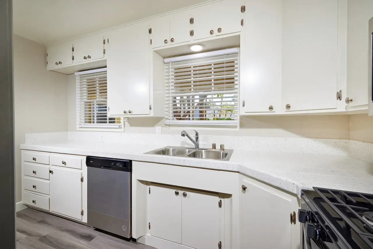 Kitchen with white cabinets, double sink, and dishwasher.