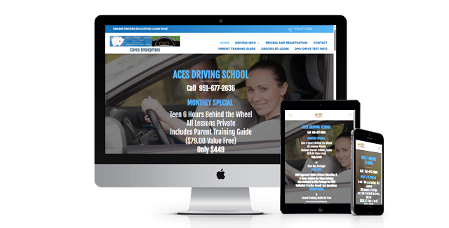 A computer monitor a tablet and a cell phone are displaying a website for a driving school.