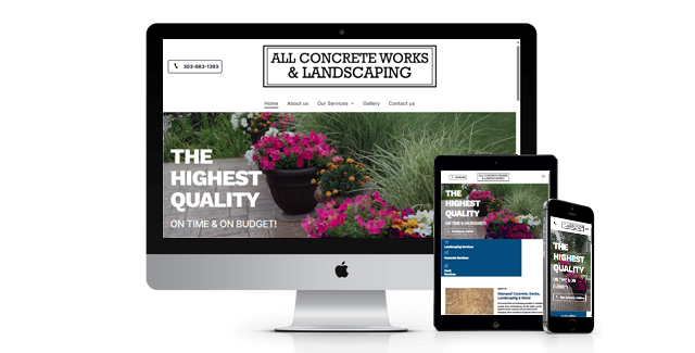 A computer , tablet , and phone are displaying a website for all concrete works & landscaping.