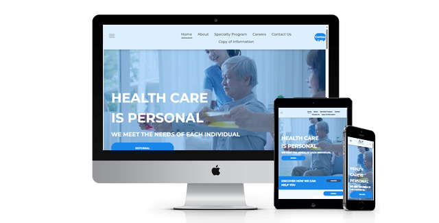 A computer , tablet , and phone are displaying a health care website.