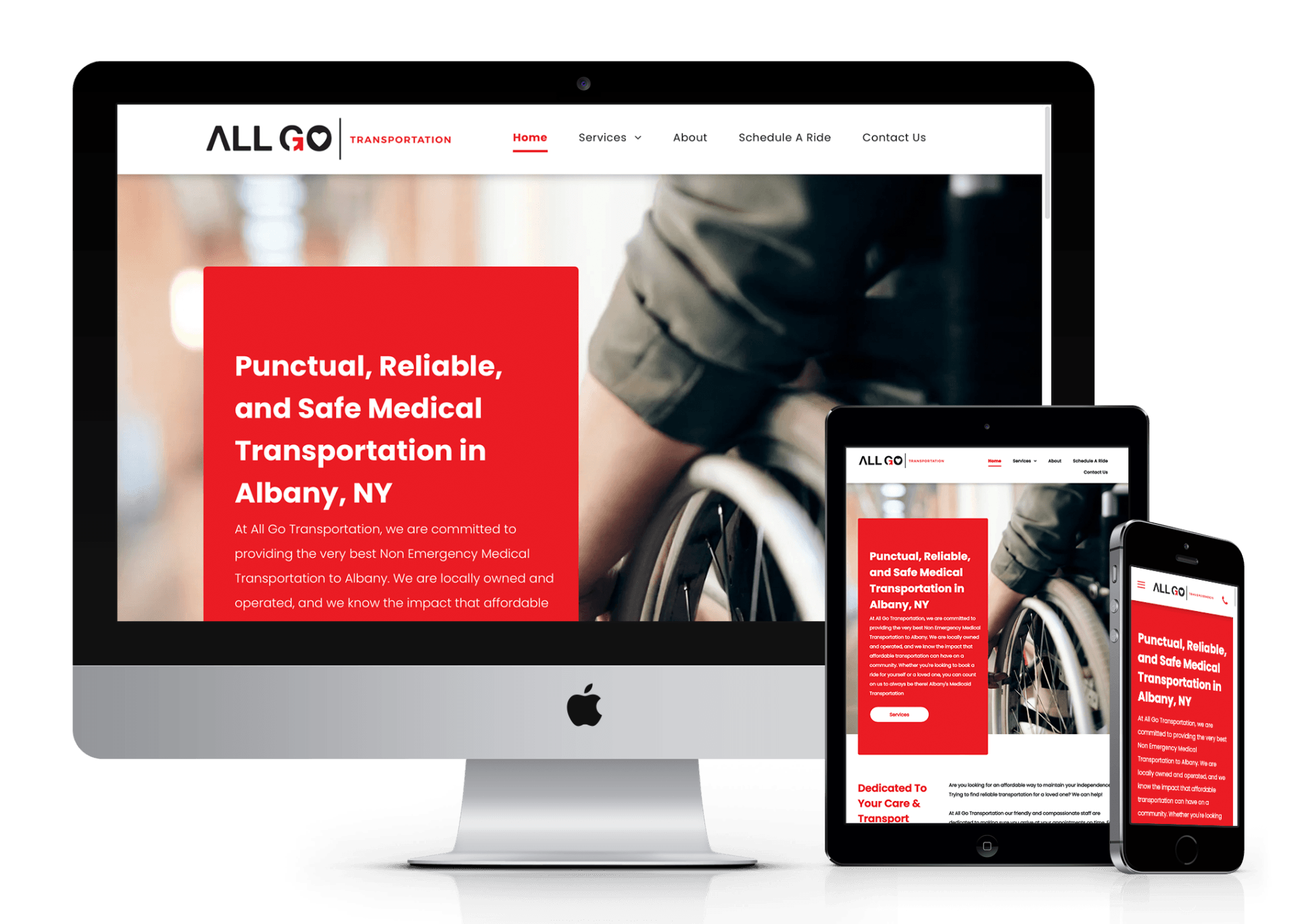A computer , tablet , and phone are displaying a website for a company called allgo.