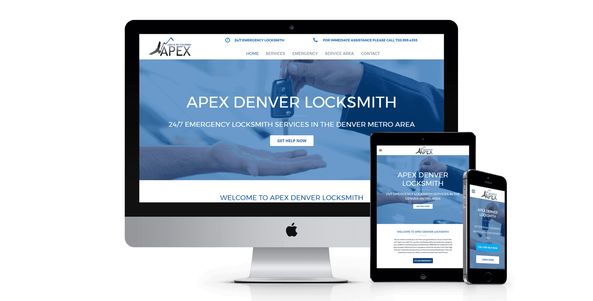 A computer , tablet , and cell phone are displaying a website for a locksmith.