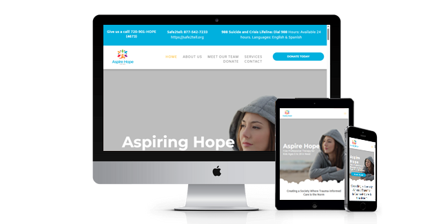 A computer monitor a tablet and a cell phone are displaying a website called aspiring hope.