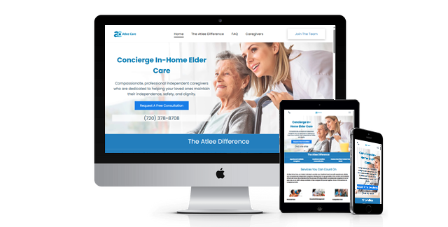 A computer , tablet , and cell phone are displaying a website for a company called concierge in home elder care.