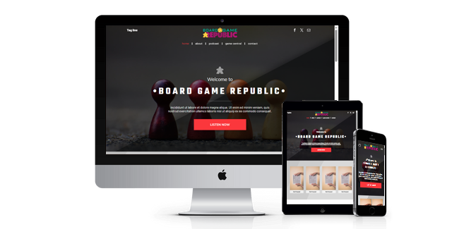 A computer monitor a tablet and a cell phone are displaying a website for board game republic