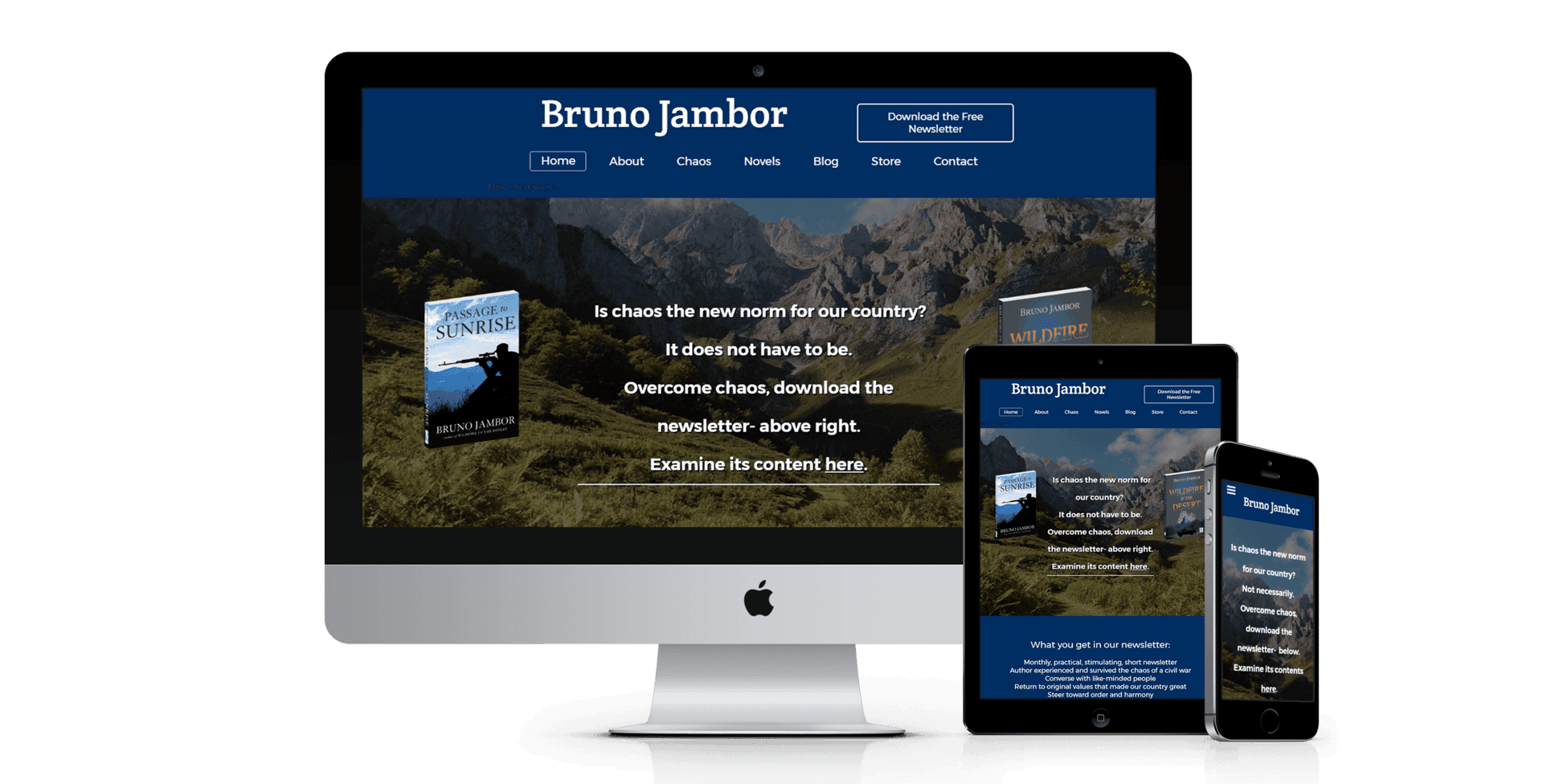 A computer , tablet , and phone are displaying a website for bruno jamber.
