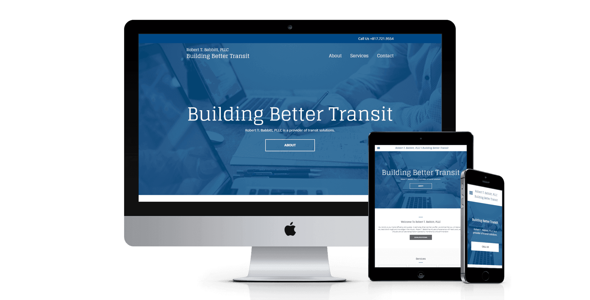 A computer , tablet , and cell phone are displaying a website for building better transit.