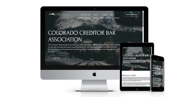 A computer , tablet , and phone are displaying a website for the colorado creditor bar association.