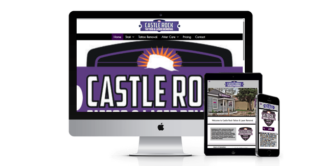 A computer monitor a tablet and a cell phone showing a website for castle road