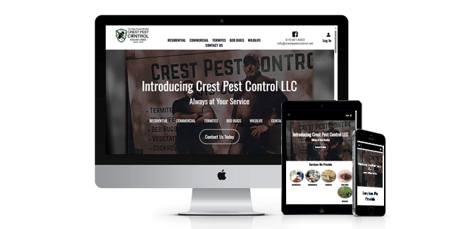 A computer monitor a tablet and a cell phone are displaying a website for crest pest control llc