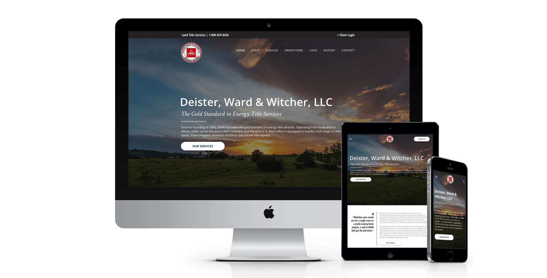 A computer monitor a tablet and a cell phone are displaying a website for dallas ward & winchester llc