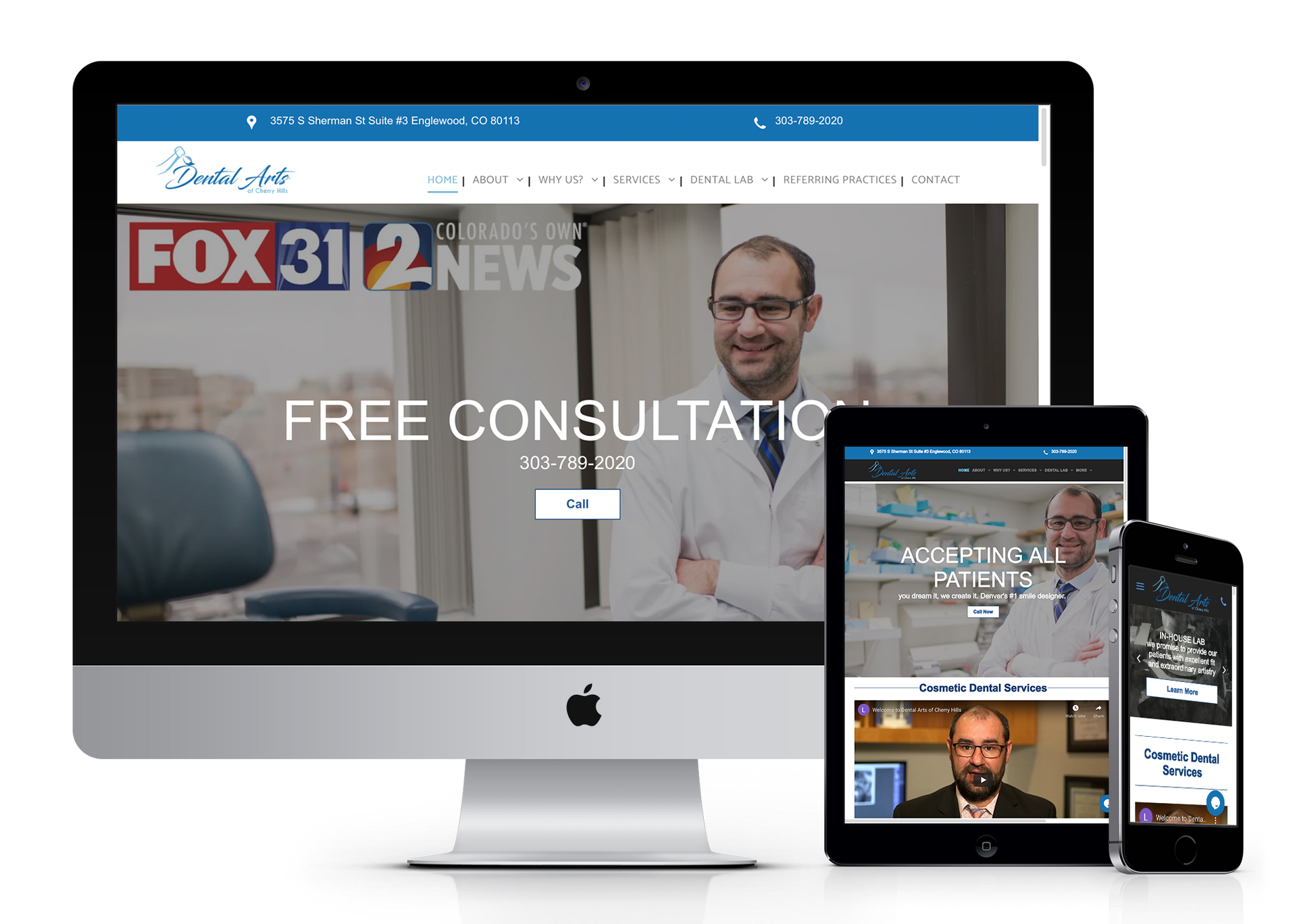 A computer , tablet , and phone are displaying a website for a dentist.