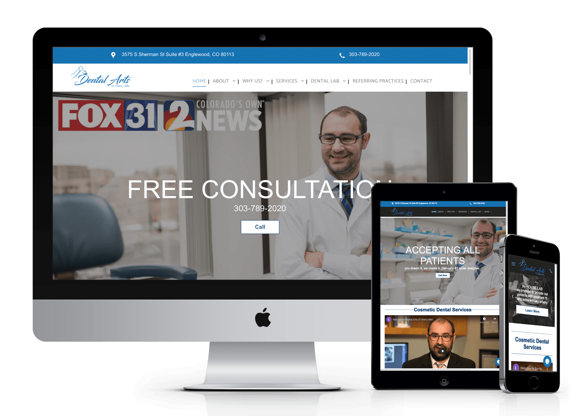 A computer , tablet , and phone are displaying a website for a dentist.