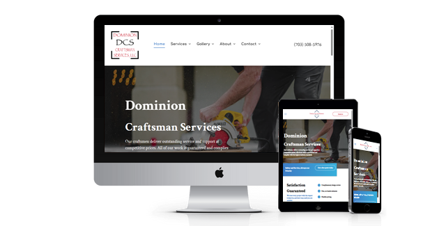 A computer monitor a tablet and a cell phone showing a website for dominion craftsman services